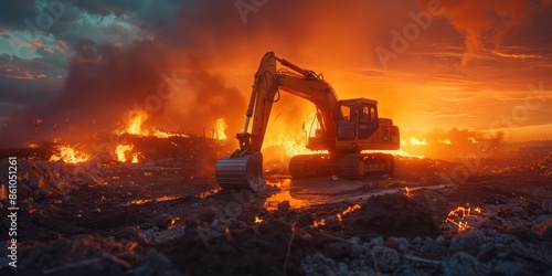 Wallpaper Mural Excavator machinery. Orange excavator. Sunset behind the excavator. Torontodigital.ca