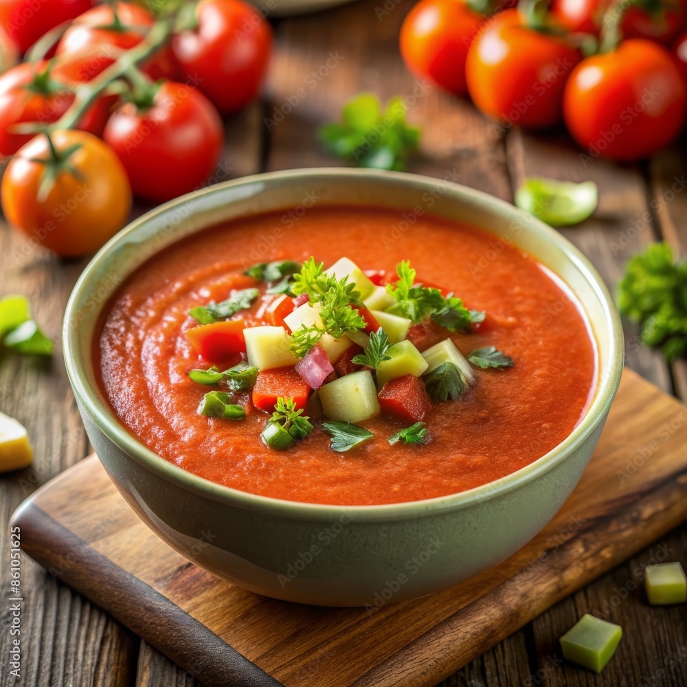 Chilled gazpacho soup made with fresh tomatoes, cucumbers, and peppers, garnished with diced vegetables. A healthy DASH diet option. Chilled gazpacho soup made with fresh tomatoes, cucumbers, and peppers, garnished with diced vegetables. A healthy DASH diet option.