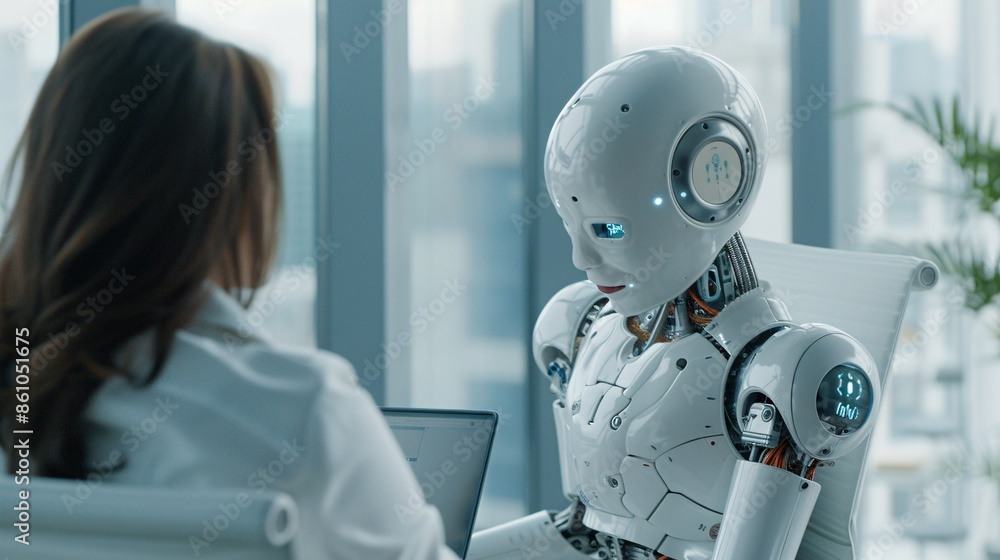 A futuristic office setting features a robot lawyer consulting with a client on a bankruptcy case, highlighting the integration of advanced AI in legal aid. The clean, modern background provides A futuristic office setting features a robot lawyer consulting with a client on a bankruptcy case, highlighting the integration of advanced AI in legal aid. The clean, modern background provides