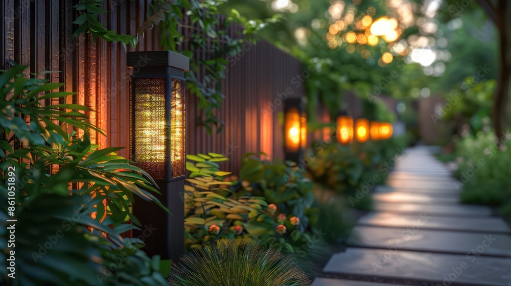 Modern solar fence lights with sleek design, evenly spaced along a privacy fence. Modern solar fence lights with sleek design, evenly spaced along a privacy fence.