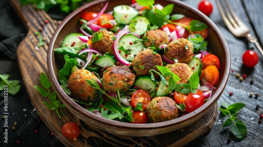 A dark bowl filled with a freshly tossed salad featuring fried falafel, sliced cucumbers, cherry tomatoes, mixed greens, and red onions, set on a dark rustic surface. A dark bowl filled with a freshly tossed salad featuring fried falafel, sliced cucumbers, cherry tomatoes, mixed greens, and red onions, set on a dark rustic surface.