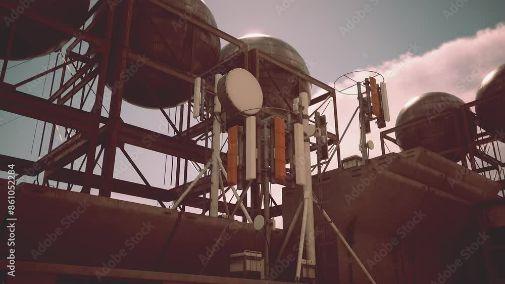 Antennas and water tanks are silhouetted against a fading sky atop a concrete building. Antennas and water tanks are silhouetted against a fading sky atop a concrete building.