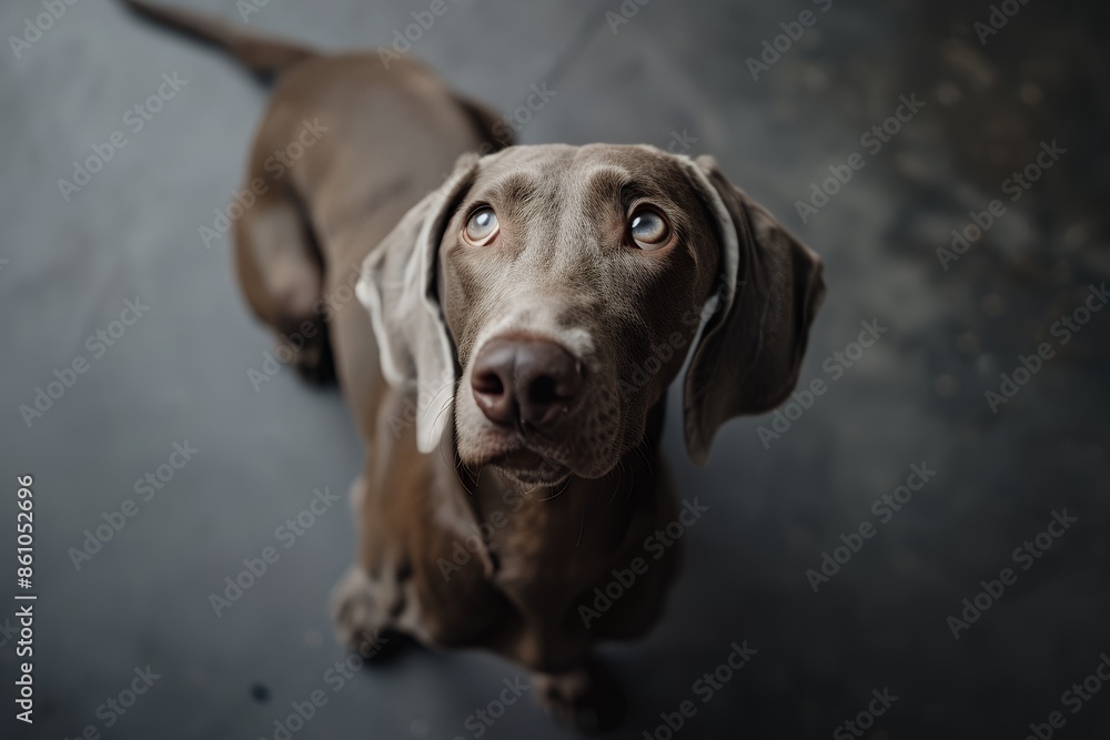 Weimaraner looking up, view from above, on dark floor, studio light, cinematic shot, cinematic lighting, volumetric lighting, bokeh Weimaraner looking up, view from above, on dark floor, studio light, cinematic shot, cinematic lighting, volumetric lighting, bokeh