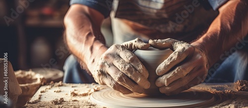 Close-up image focusing on a young ceramist's hands shaping an unbaked clay jug in a workshop with a craftsman holding tools in the background, with copy space image. photo