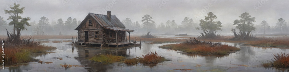 Fototapeta premium A foggy swamp with a quaint, weathered cabin in the middle of the marsh, rendered in thick oil layers to highlight the eerie and peaceful scene, Generative AI