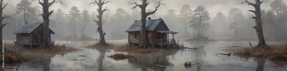 A misty swamp with a rustic wooden cabin nestled among the dense fog and twisted trees, painted in thick oil layers to capture the peaceful and mysterious atmosphere, Generative AI A misty swamp with a rustic wooden cabin nestled among the dense fog and twisted trees, painted in thick oil layers to capture the peaceful and mysterious atmosphere, Generative AI
