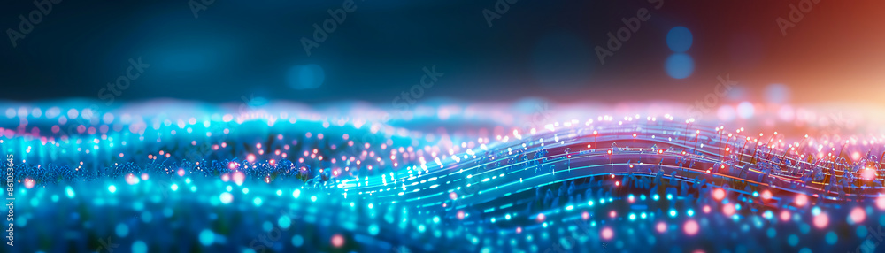 custom made wallpaper toronto digitalAbstract digital landscape with glowing particles and wave-like structures, depicting futuristic technology and data representation.