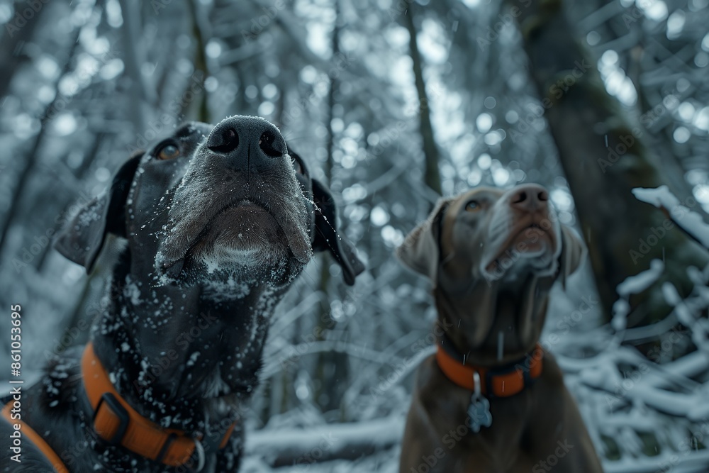 A German Shorthaired Pointer and a Labrador Retriever with orange collars on a trail in British Columbia, Canada, in a winter forest, shot from a low angle looking up at the camera, a full body shot, A German Shorthaired Pointer and a Labrador Retriever with orange collars on a trail in British Columbia, Canada, in a winter forest, shot from a low angle looking up at the camera, a full body shot,