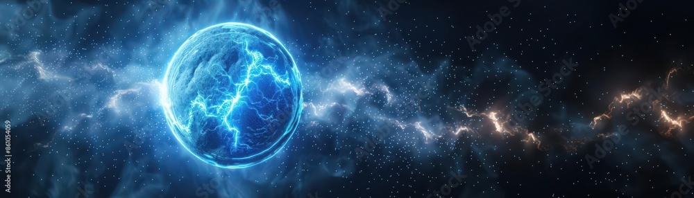A stunning cosmic scene with a glowing blue planet surrounded by vibrant energy streams in the dark, vast space. A stunning cosmic scene with a glowing blue planet surrounded by vibrant energy streams in the dark, vast space.