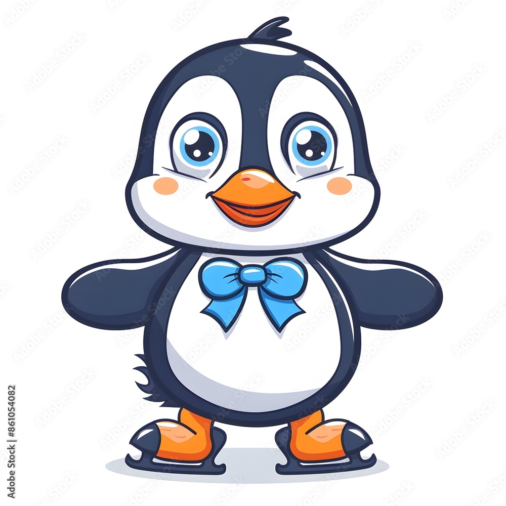 Obraz premium Happy Cartoon Penguin in Bowtie and Ice Skates Playful Pose on White Background