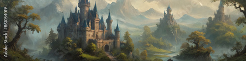 Wallpaper Mural An enchanted castle surrounded by a magical forest, with sorcerers and wizards practicing their spells, depicted in thick oil paint to emphasize the ethereal and enchanting atmosphere, Generative AI Torontodigital.ca