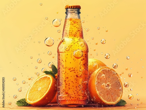 Creative vector design of a kombucha bottle with a label and fermentation bubbles.  photo