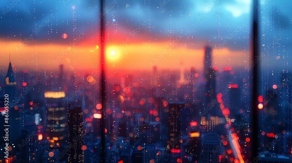 Fototapeta premium wallpaper with the theme of sunset views in a modern city of the future, full of skyscrapers, a city of the future