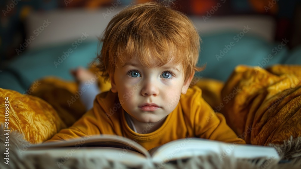 Curious young child with red hair lying on a bed, attentively reading a book. Cozy atmosphere with soft lighting. Curious young child with red hair lying on a bed, attentively reading a book. Cozy atmosphere with soft lighting.