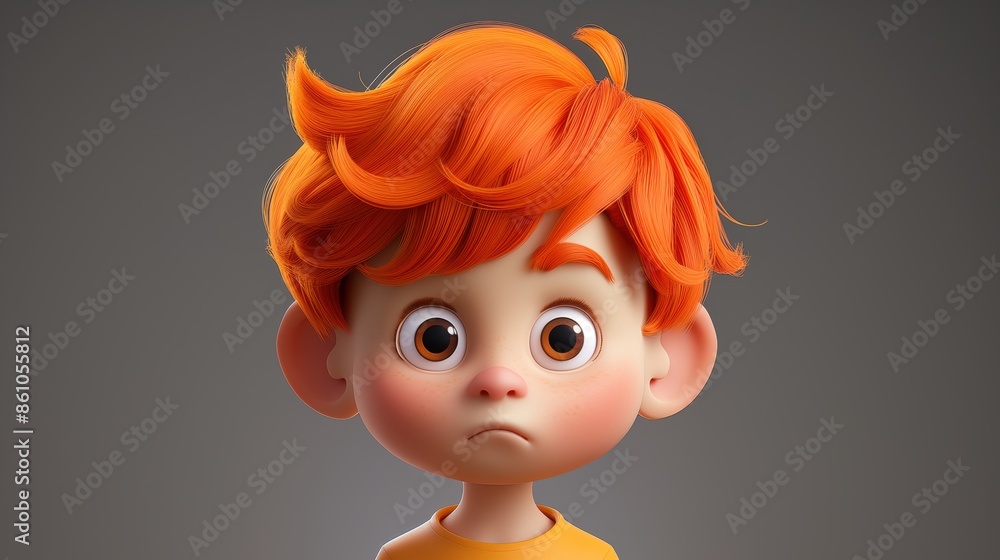Cute animated character with orange hair and large eyes, looking surprised. 3D render, high-quality stock image for various uses. Cute animated character with orange hair and large eyes, looking surprised. 3D render, high-quality stock image for various uses.