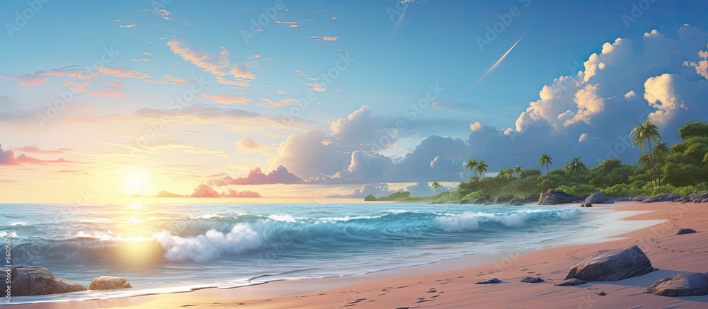 Enhance beach scene vacation concept with tropical beach background featuring a beach swing or hammock, white sand, and serene sea in an ideal summer landscape for a beach banner. Enhance beach scene vacation concept with tropical beach background featuring a beach swing or hammock, white sand, and serene sea in an ideal summer landscape for a beach banner.