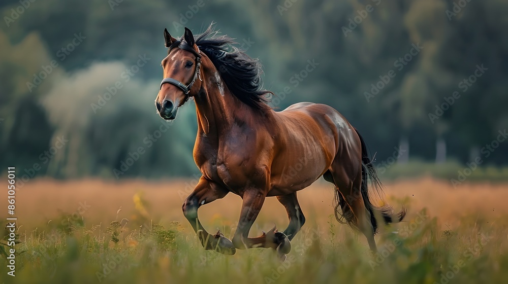 Obraz premium Powerful and Elegant Horse Running Through an Open Field