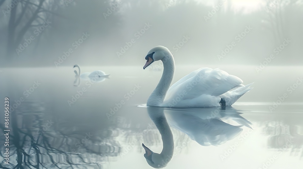 Fototapeta premium Graceful Swan Gliding on Serene Mirrored Lake with Soft Lighting