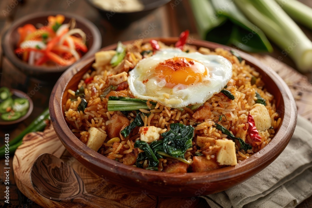 Fried Rice with Egg and Tofu in Wooden Bowl Fried Rice with Egg and Tofu in Wooden Bowl