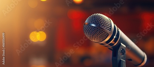 Microphone on stand with foam pad in focus, creating a blurred background with copy space image.