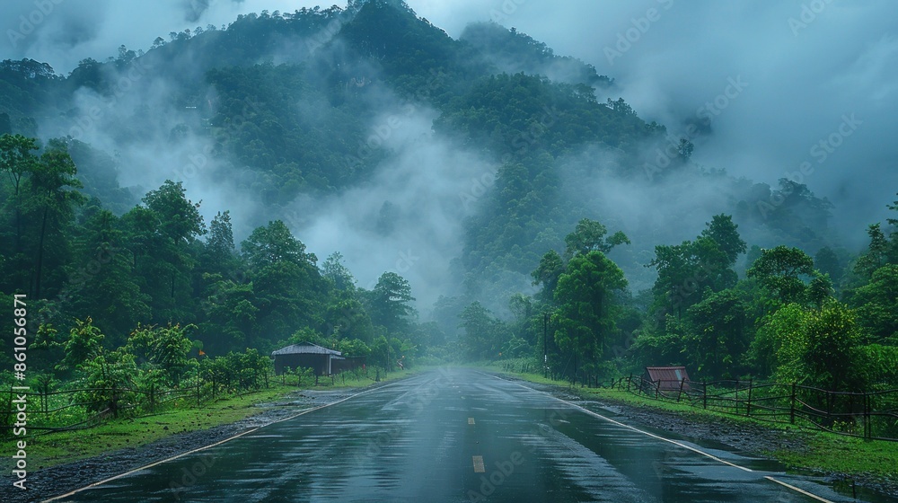 A foggy mountain pass in Northern Thailand, covered in fresh rain and surrounded by dense vegetation A foggy mountain pass in Northern Thailand, covered in fresh rain and surrounded by dense vegetation