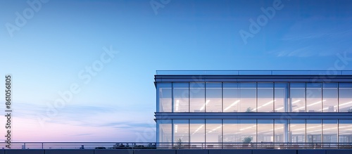 Evening view of a contemporary office building with clear sky, suitable as a copy space image.