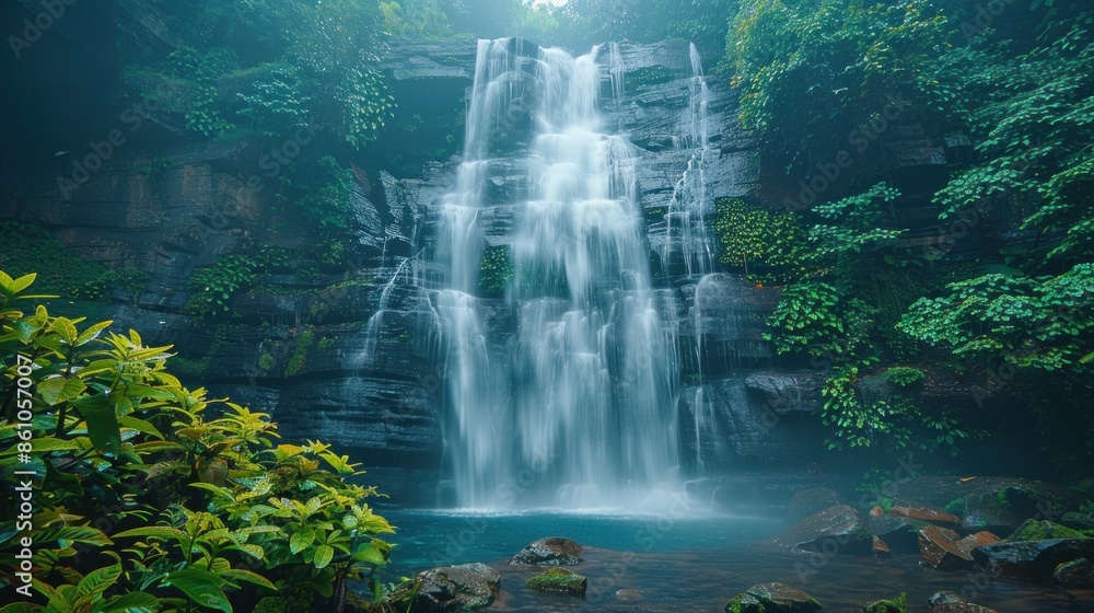 A misty waterfall cascading down rocky cliffs in the rainy season, Northern Thailand A misty waterfall cascading down rocky cliffs in the rainy season, Northern Thailand