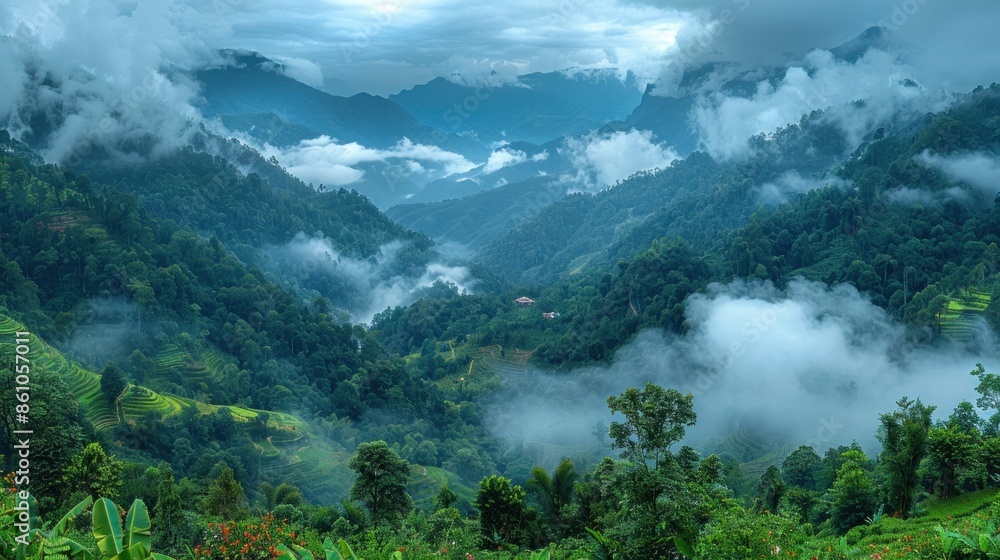 Naklejka premium A panoramic view of Northern Thailand's mountains covered in mist and rain clouds