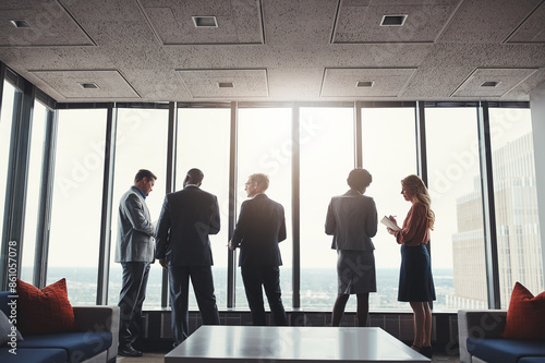 Fotografie Business people, discussion and standing by window in boardroom with city view for career in real estate