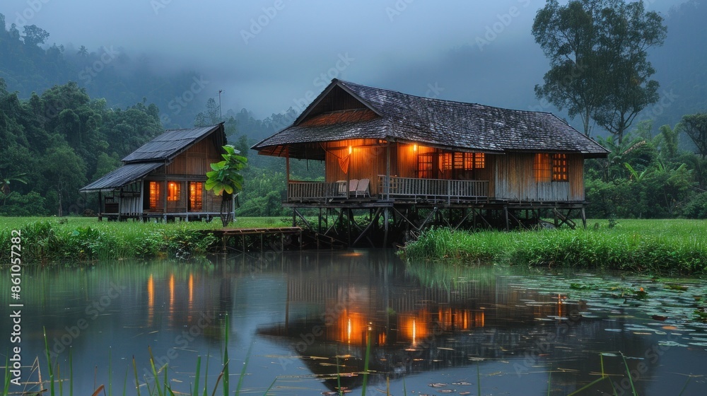 A traditional Thai house on stilts in Northern Thailand, with rainwater collecting underneath A traditional Thai house on stilts in Northern Thailand, with rainwater collecting underneath