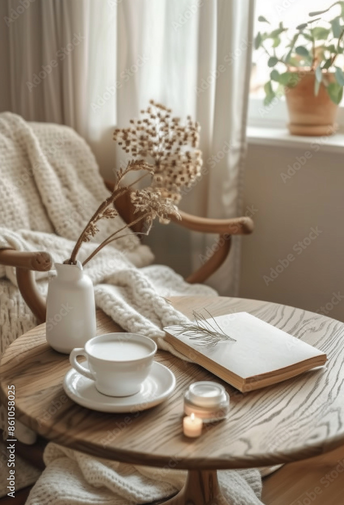 Minimalist living room featuring a round wooden coffee table with a cup of coffee and a vase, placed next to a sofa near the window. Minimalist living room featuring a round wooden coffee table with a cup of coffee and a vase, placed next to a sofa near the window.