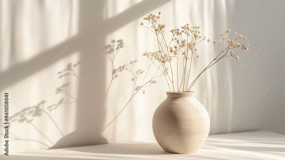 White ceramic vase with dried grass on a wooden table against a wall, Scandinavian style with bright sunlight and strong shadows. White ceramic vase with dried grass on a wooden table against a wall, Scandinavian style with bright sunlight and strong shadows.