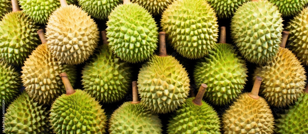 Peel durians at the market with a unique texture and a strong aroma, and photo capturing an empty space in the center. with copyspace image Peel durians at the market with a unique texture and a strong aroma, and photo capturing an empty space in the center. with copyspace image