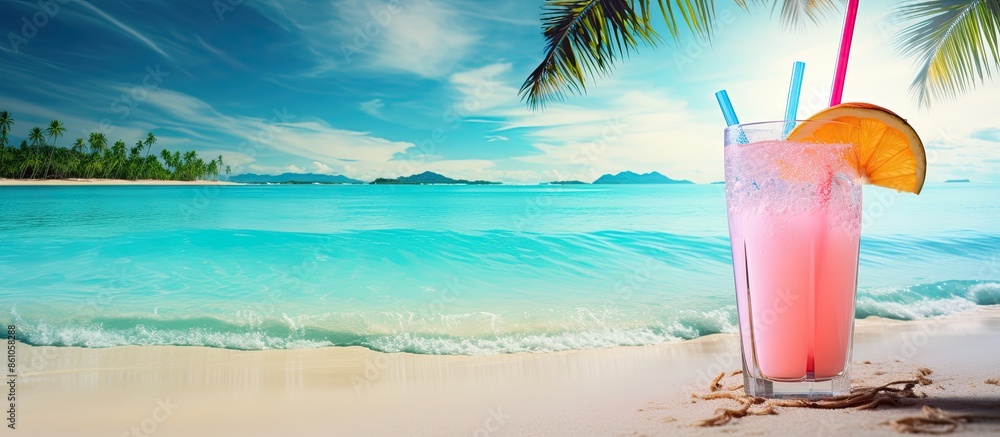 Tropical beach setting with a refreshing cocktail, palm trees, and sandy shore, ideal for summer vacation and travel with a copy space image.