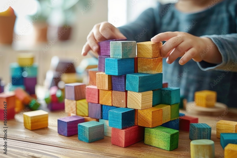 Fototapeta premium Child Playing with Colorful Wooden Blocks