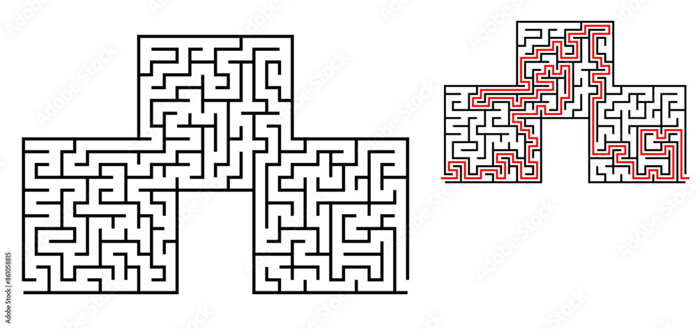 Fototapeta premium Vector funny weird maze with entry and exit. Find the way through labyrinth puzzle. Medium level difficulty riddle for childrens and adults with solution - red passing route