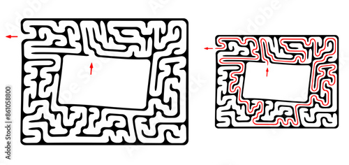 Vector funny weird maze with entry and exit. Find the way through labyrinth puzzle. Medium level difficulty riddle for childrens and adults with solution - red passing route