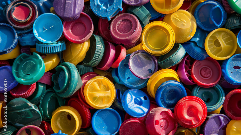 A pile of colorful plastic caps, including green, yellow, and red A pile of colorful plastic caps, including green, yellow, and red