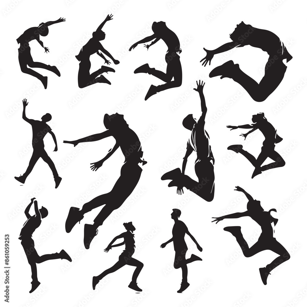 Silhouette set of a person jumping Silhouette set of a person jumping