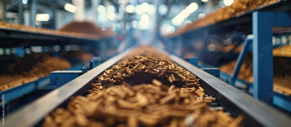 Tobacco is being conveyed on a conveyor belt in a cigarette manufacturing factory. with copy space image. Place for adding text or design Tobacco is being conveyed on a conveyor belt in a cigarette manufacturing factory. with copy space image. Place for adding text or design
