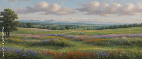 A serene countryside with fields of wildflowers and a distant tree line, depicted in thick oil paint to emphasize the peaceful and picturesque setting, Generative AI