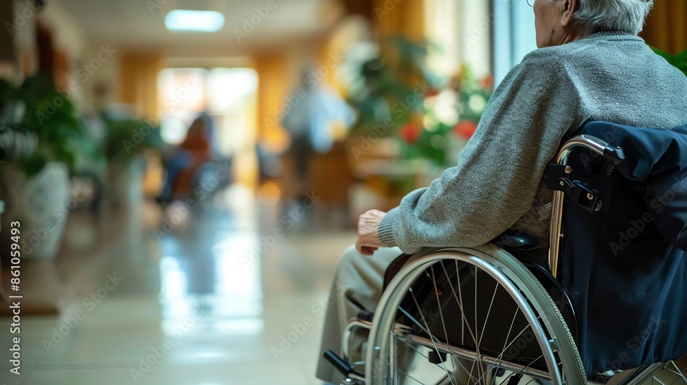 Elderly person in a wheelchair in a care home corridor. Concept of aging, healthcare, and support in retirement living facilities. Elderly person in a wheelchair in a care home corridor. Concept of aging, healthcare, and support in retirement living facilities.