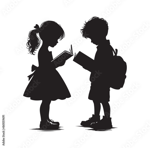boy and girl reading book vector silhouette