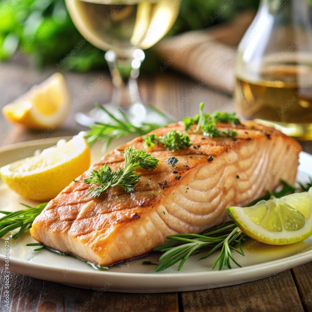 Juicy baked salmon fillet with a garnish of lemon slices and fresh dill. Served on a white plate, perfect for the DASH diet. Juicy baked salmon fillet with a garnish of lemon slices and fresh dill. Served on a white plate, perfect for the DASH diet.