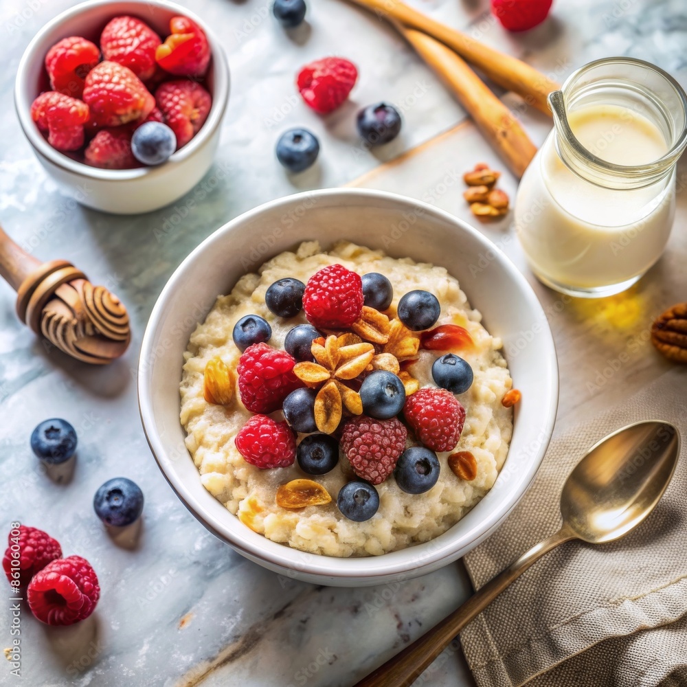Nutritious oatmeal topped with fresh raspberries, blueberries, and almonds. Served with a side of milk and honey, DASH diet. Nutritious oatmeal topped with fresh raspberries, blueberries, and almonds. Served with a side of milk and honey, DASH diet.
