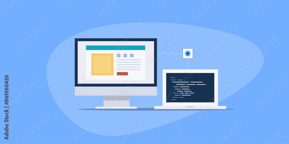 Coding or programming script on laptop screen, website application development information technology vector illustration. Coding or programming script on laptop screen, website application development information technology vector illustration.