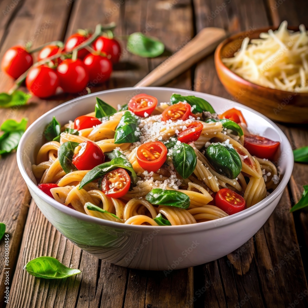 Healthy whole wheat pasta with cherry tomatoes and fresh basil, garnished with grated cheese. Served in a white bowl, DASH diet. Healthy whole wheat pasta with cherry tomatoes and fresh basil, garnished with grated cheese. Served in a white bowl, DASH diet.
