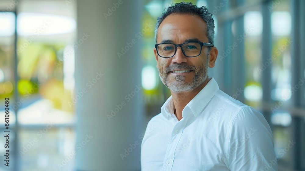 Portrait of a confident middle aged male business executive wearing glasses and a white shirt standing in an office with a blurred window background. A smiling Hispanic man looking at the camera in th Portrait of a confident middle aged male business executive wearing glasses and a white shirt standing in an office with a blurred window background. A smiling Hispanic man looking at the camera in th