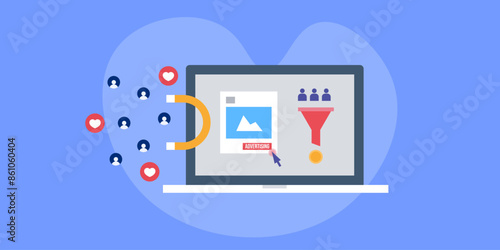 Digital advertising on social media attracting online user lead generation sales funnel conversion e-business revenue concept, vector illustration.