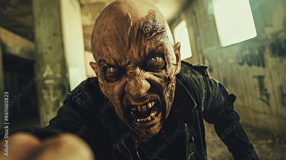 Angry bald male zombie showing teeth Angry bald male zombie showing teeth